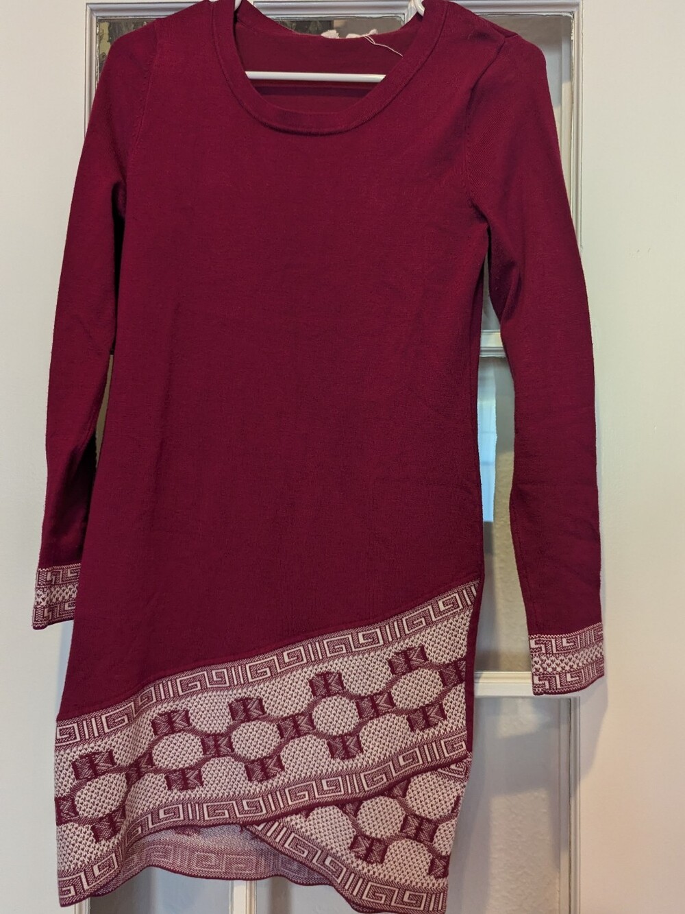 Burgundy Long Sleeve Knit Dress with Geometric Hem